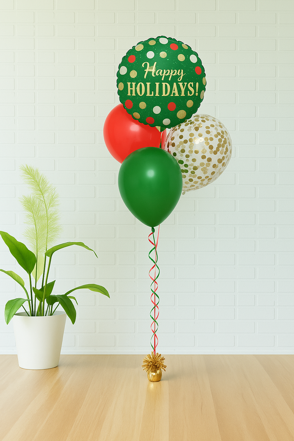Holiday Spark Balloon Bouquet – “Happy Holidays” Foil with Red, Green & Confetti Balloons