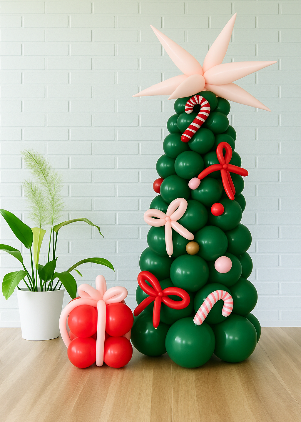 Balloon Christmas Tree – Green, Red & Pink Balloon Sculpture with Candy Canes and Star Topper