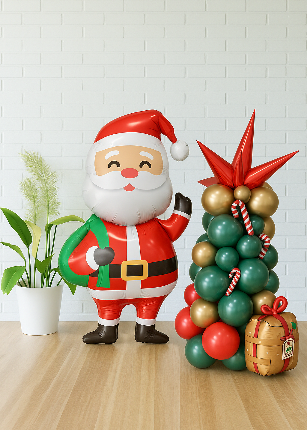 Santa’s Balloon Tree Display – Life-Size Santa Balloon with Green & Gold Balloon Tree and Candy Canes