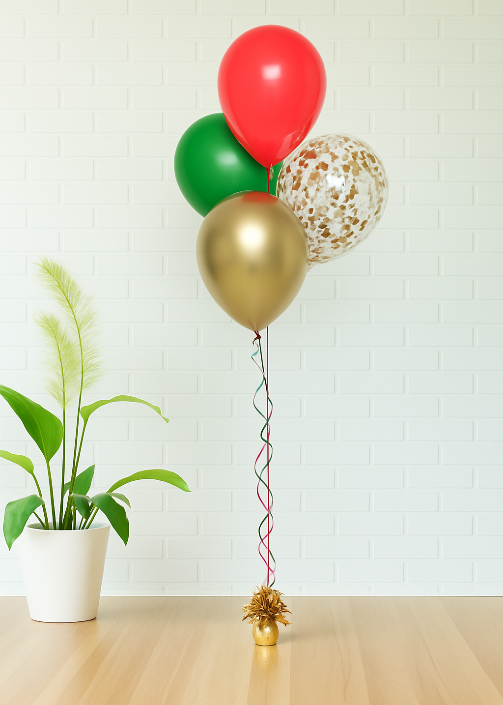 Merry & Bright Holiday Balloon Bouquet – Red, Green, Gold & Confetti Balloons with Gold Weight