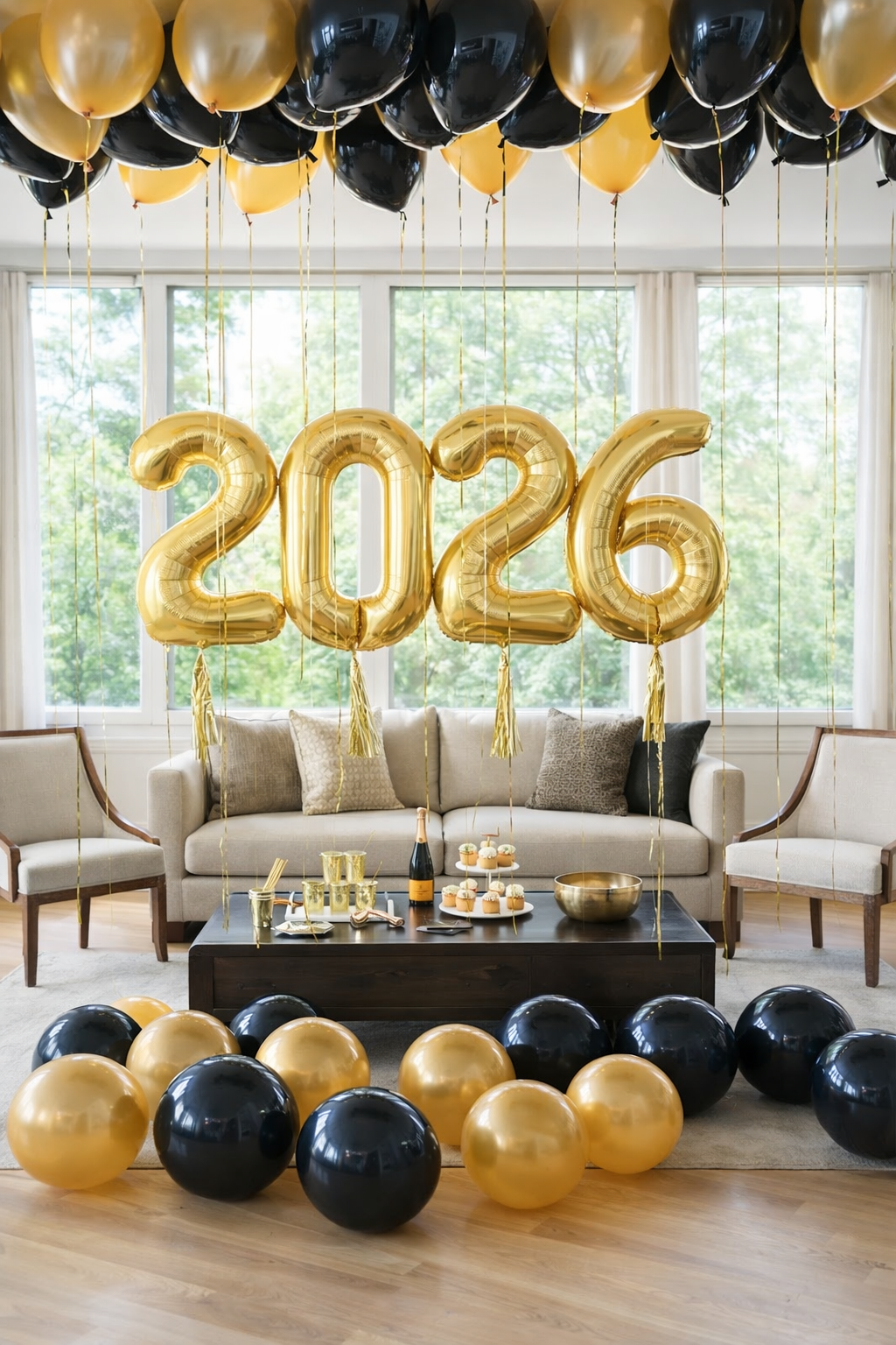 2026 graduation balloons setup in Augusta living room with black and gold balloons