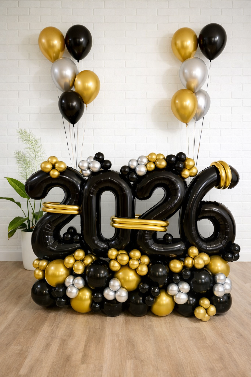 Luxury 2026 New Year balloon display with black and gold balloons in Augusta GA
