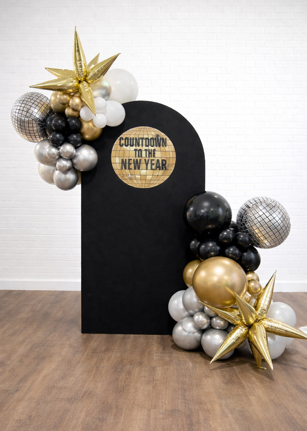Countdown to Midnight New Year balloon backdrop with black gold and silver balloons installed in Augusta GA