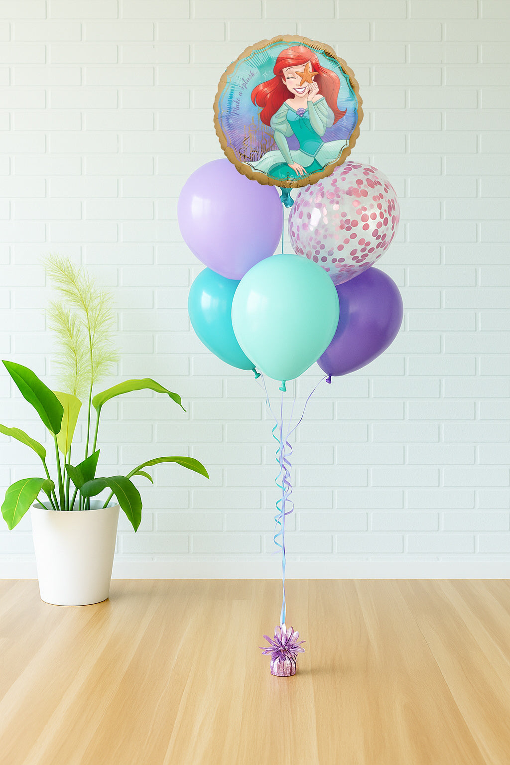 Ariel Mermaid balloon bouquet with Ariel foil, aqua, lavender, purple, and confetti balloons, perfect for princess parties in Evans GA, Augusta, and Aiken.