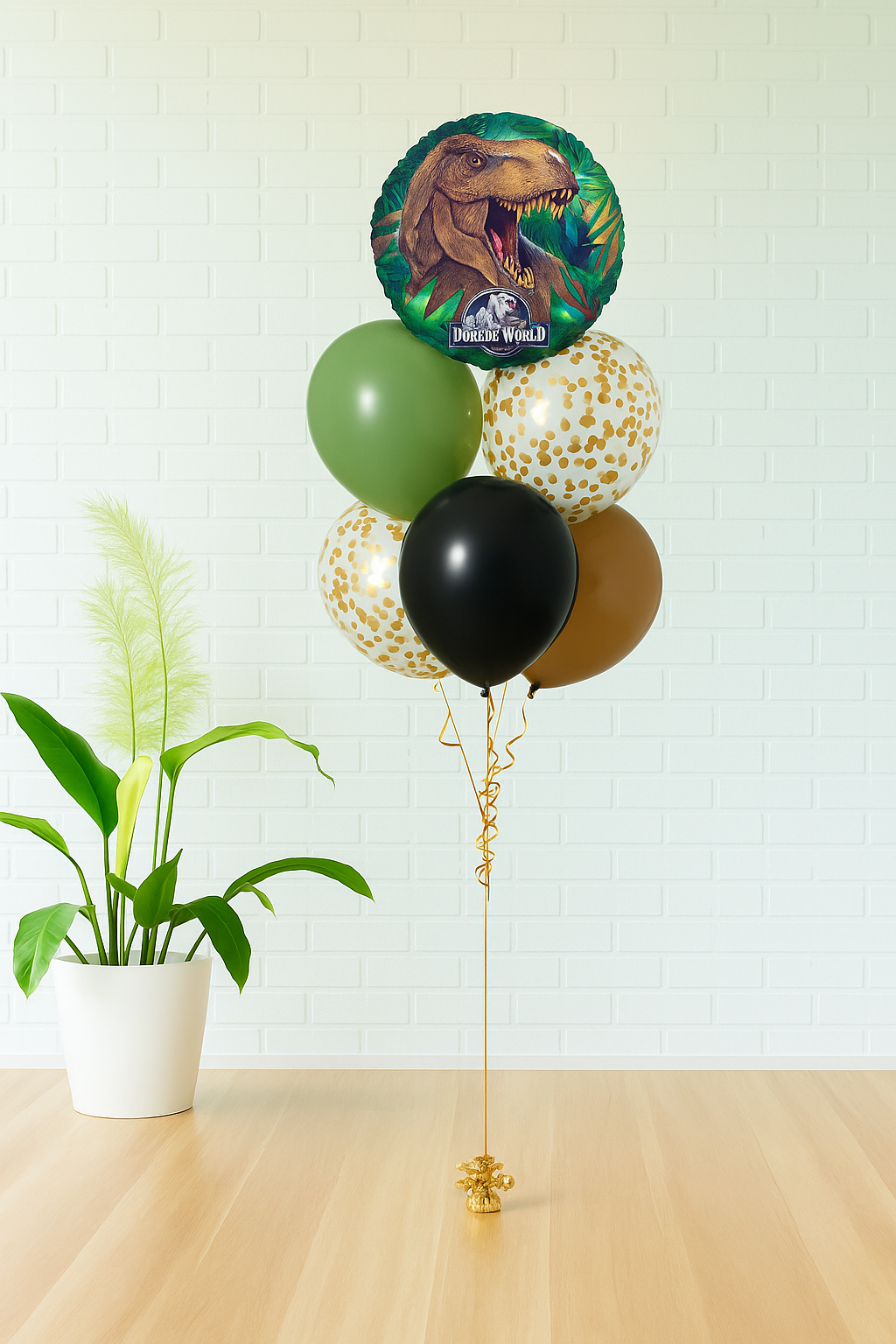 Jurassic World T-Rex foil balloon bouquet with green, brown, black, and gold confetti balloons, available in Evans GA and Augusta GA.