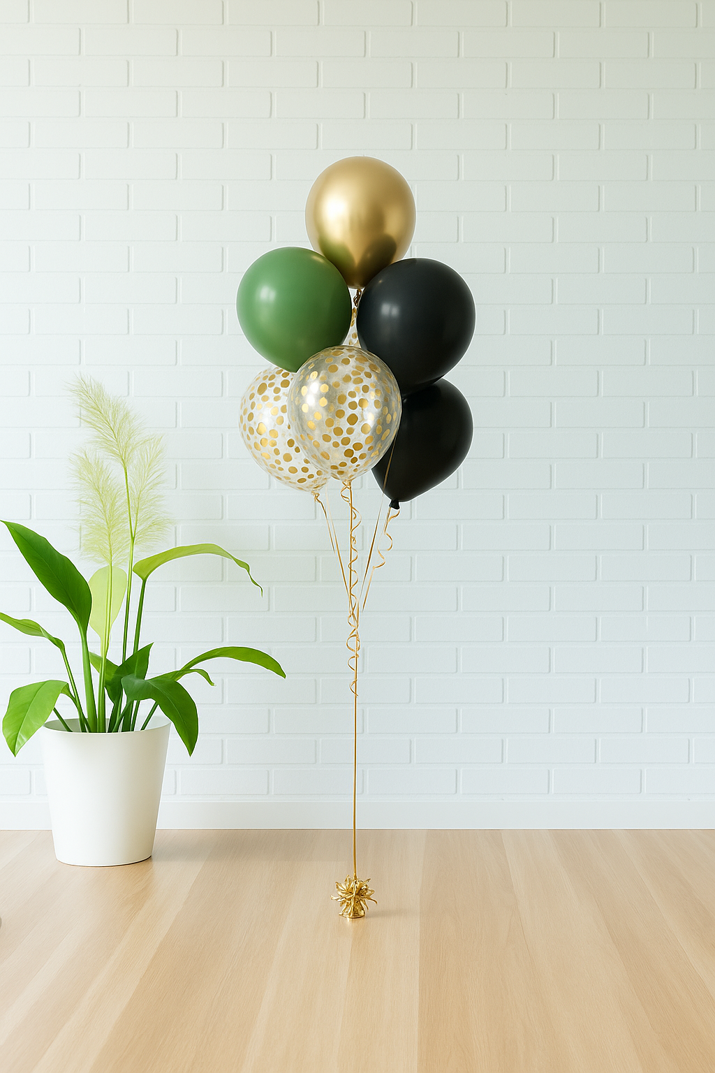 Jurassic World balloon bouquet with green, black, gold, and gold confetti balloons. Available in Evans GA and Augusta.