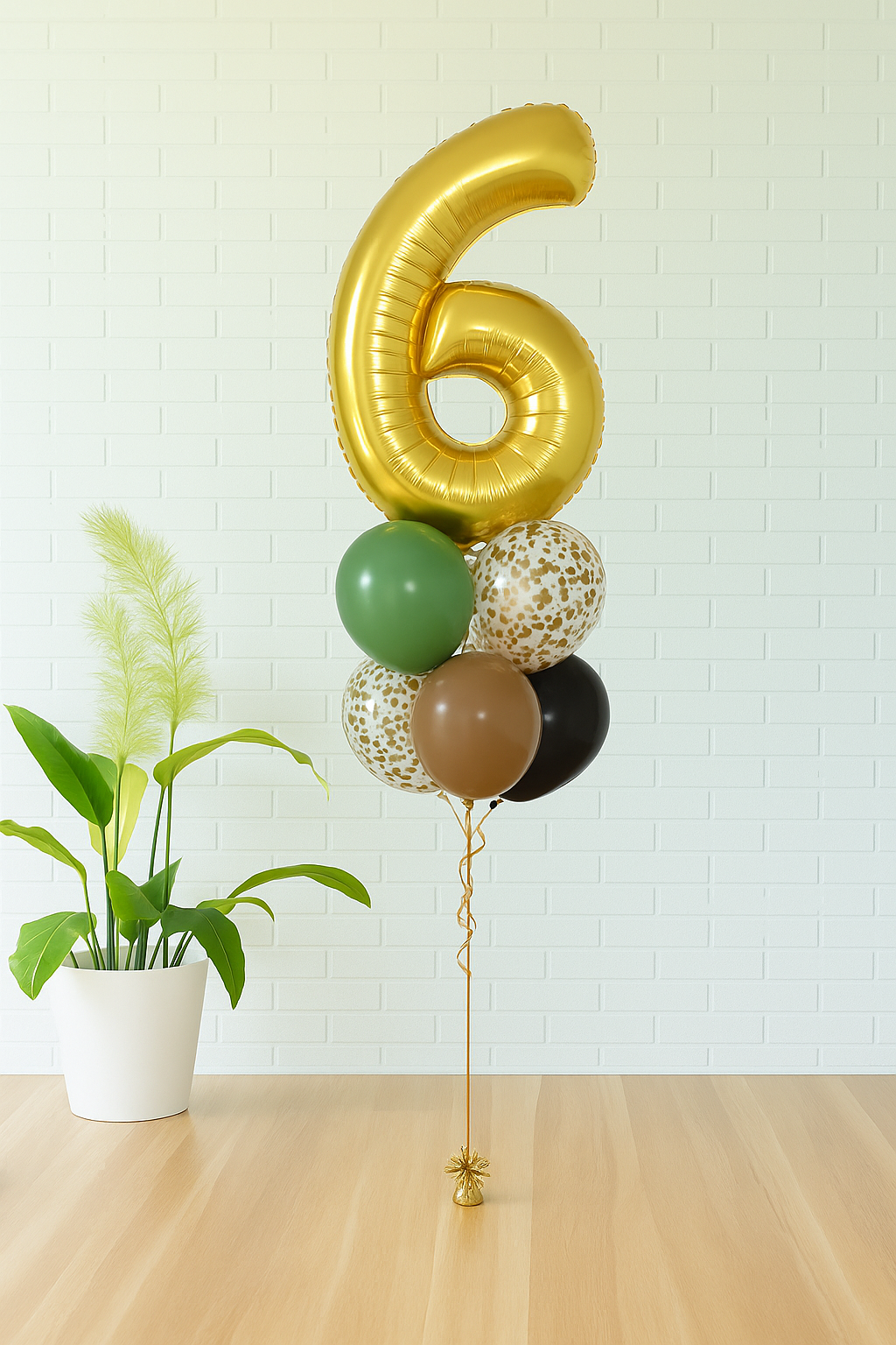 Jurassic World birthday balloon bouquet with jumbo gold number balloon, green, brown, black, and gold confetti balloons. Available in Evans GA and Augusta.