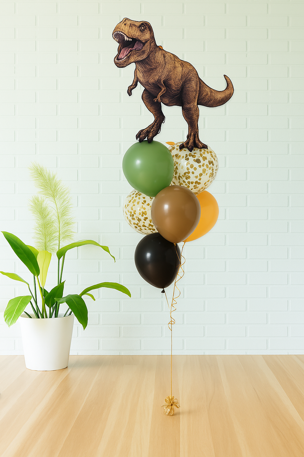 Jurassic World T-Rex balloon bouquet with green, brown, black, and gold confetti balloons, available in Evans GA and Augusta GA.