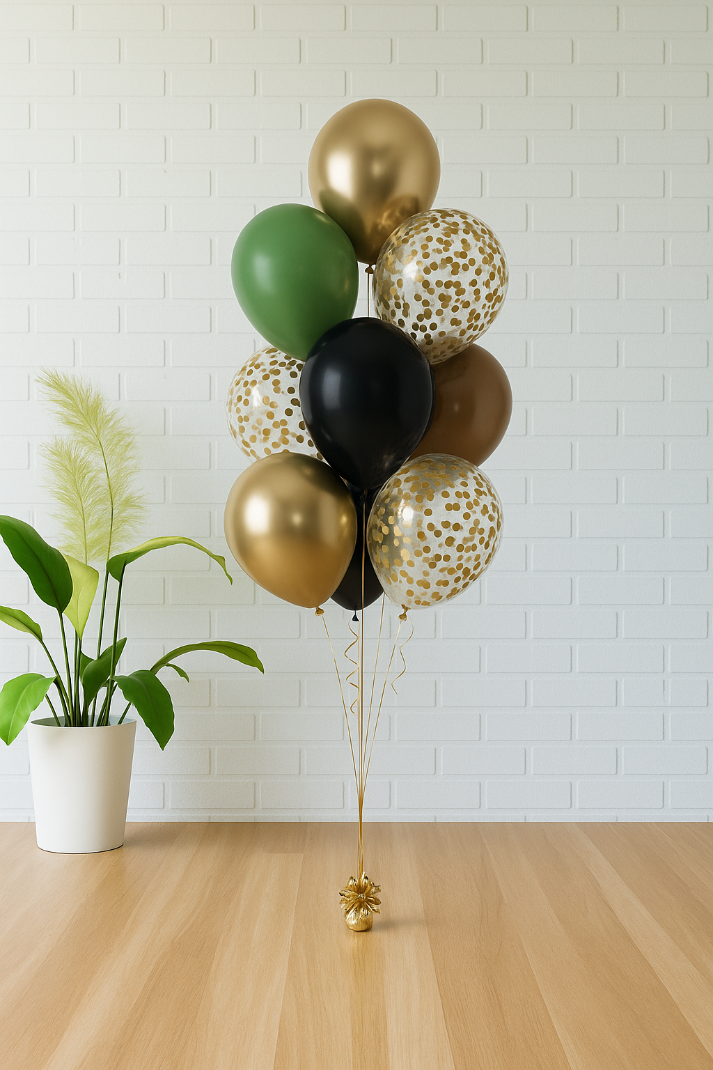 Large Jurassic World balloon bouquet with green, black, brown, gold, and gold confetti balloons. Available in Evans GA and Augusta.