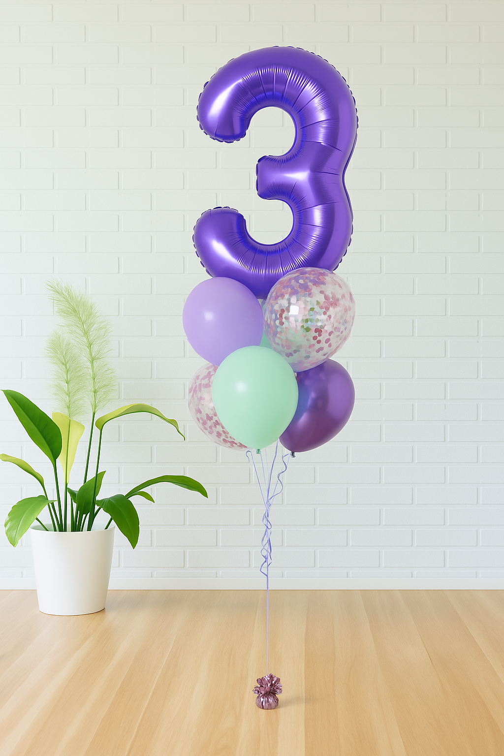Mermaid birthday balloon bouquet with jumbo purple number balloon, aqua and lavender balloons, and confetti accents. Available in Evans GA, Augusta, Aiken, and CSRA.