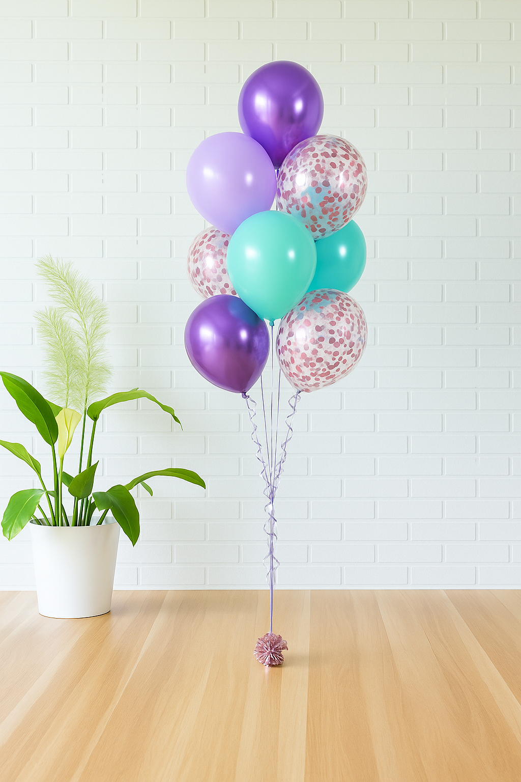 Mermaid balloon bouquet with aqua, lavender, purple, and confetti balloons, perfect for birthdays and parties in Evans GA, Augusta, and the CSRA.