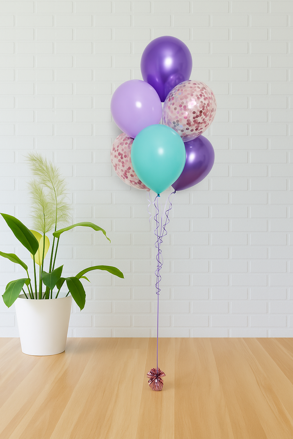 Mermaid balloon bouquet with aqua, lavender, purple, and confetti balloons, perfect for birthdays and parties in Evans GA, Augusta, and the CSRA.