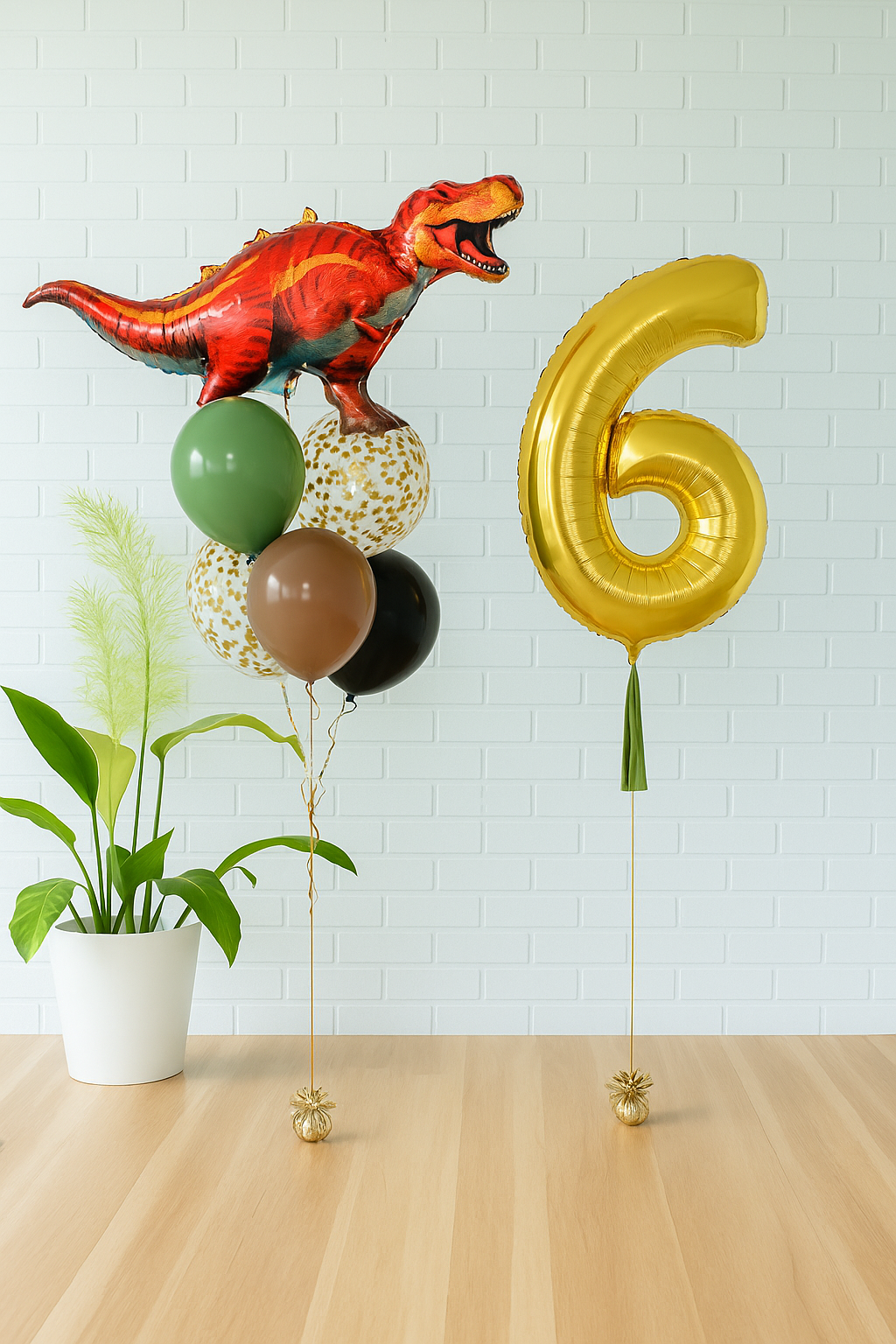 Jurassic World red dinosaur balloon bouquet with green, brown, black, gold confetti balloons, and a jumbo gold number balloon. Available in Evans GA and Augusta.